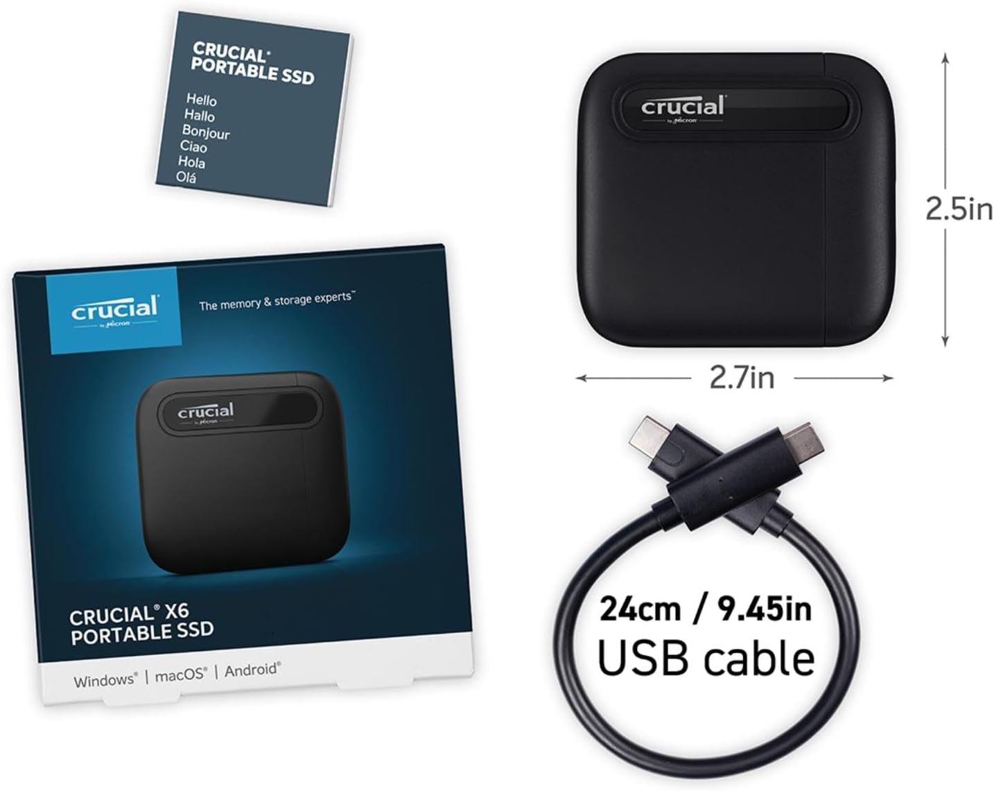 Crucial X6 1TB Portable SSD - Up to 800MB/s - PC and Mac - USB 3.2 USB-C External Solid State Drive - CT1000X6SSD9