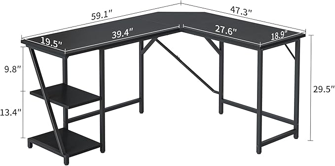 CubiCubi L Shaped Computer Desk, 59.1 inch Gaming Desk, Home Office Desk with Storage Shelves Black and Metal Corner Desk for Home Office, Black…