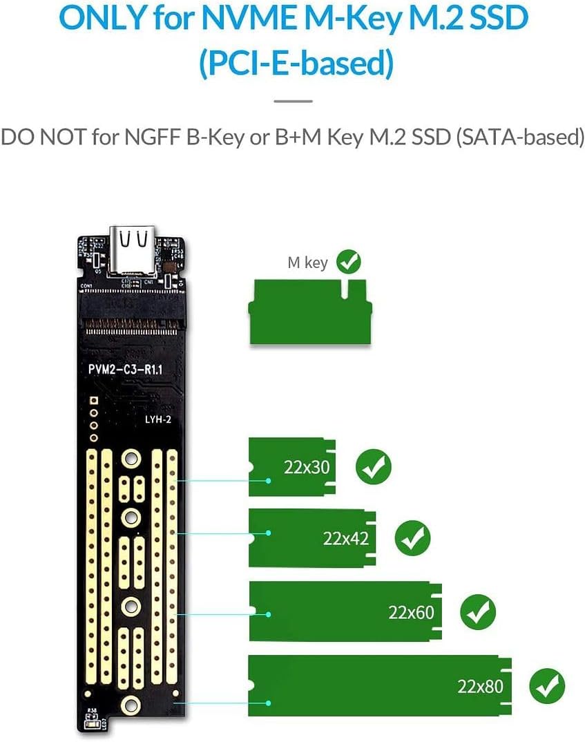 ORICO External M.2 NVMe SSD Enclosure - USB 3.1 Gen 2 Type-C to M2 NVMe PCIe Adapter for M-Key SSDs 2230, 2242, 2260, 2280 (TB3 Compatible)