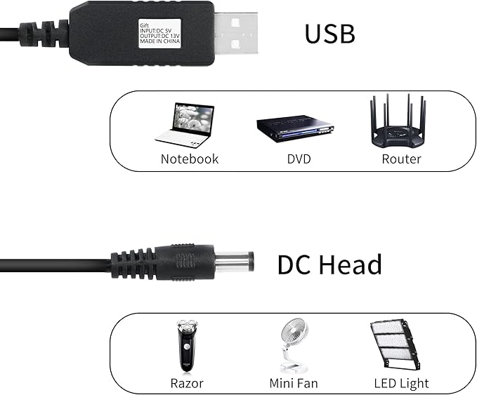 USB DC 5V to 12V Step Up Power Cable Power Supply USB Cable with DC Jack 5.5 x 2.1mm for Fan Led Light Router Speakers(1M)