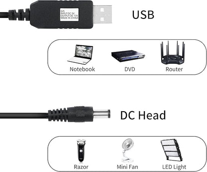 USB DC 5V to 12V Step Up Power Cable Power Supply USB Cable with DC Jack 5.5 x 2.1mm for Fan Led Light Router Speakers(1M)