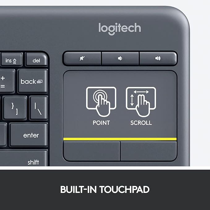 Logitech K400 Plus Wireless (English & Arabic) Touch TV Keyboard With Easy Media Control and Built-in Touchpad, HTPC Keyboard for PC-connected TV, Windows, Android, Chrome OS, Laptop, Tablet - Black