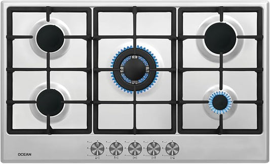 Ocean Flat Built In Cooker, 5 Burners, 90 cm, Gas, Auto Ignition, Full Safety, Country Of Origin Turkish, Stainless - OGHF95IPROSV