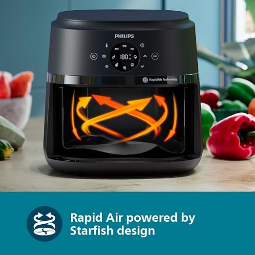 PHILIPS Air Fryer NA231/00 with touch panel, uses up to 90% less fat, 1700W, 6.2 Liter, with Rapid Air Technology (Black),Cooking window, Extra Large - T