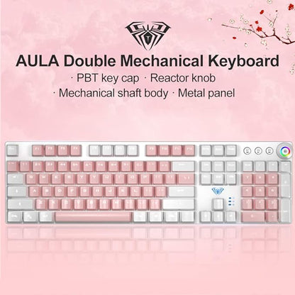 AULA F2088 Pink Mechanical Gaming Keyboard, with Wrist Rest, Media Knob, PBT Keycaps, White LED Backlit, Quick-Response 104 Keys Anti-ghosting USB Wired PC Desktop Computer Keyboards (Black Switch)