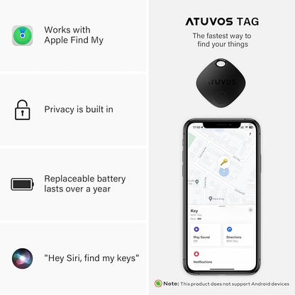 ATUVOS Air Tracker Tag Item Finder-2 Pack, Compatible with Apple Find My (iOS Only), Replaceable Battery, IP67 Waterproof, for Keys, Luggages, Suitcases, Wallets, Bags, Black