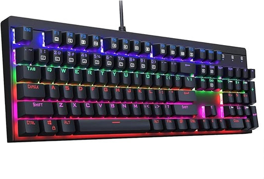 Aukey KM-G6 Gaming Keyboard Mechanical Full Size Wired USB – Rainbow 6 Color LED Backlit – Blue Switches 104 keys – Full N-Key Rollover Durable & Water-Resistant For PC | Black