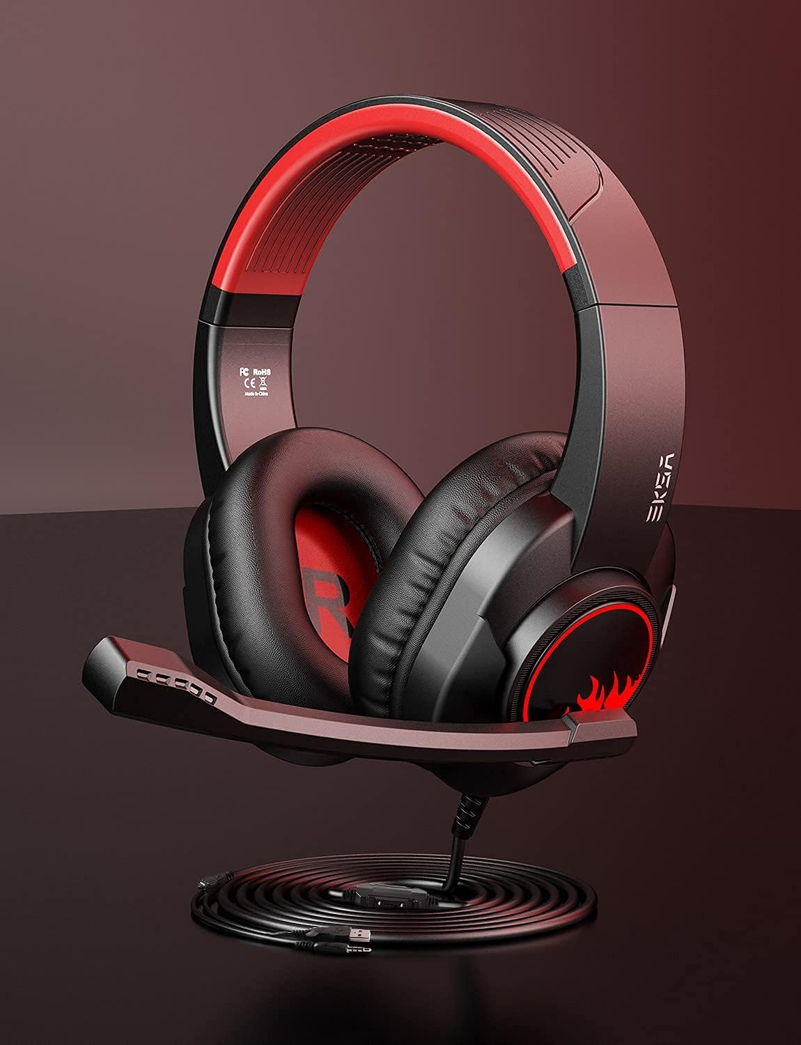 EKSA T8 PS4 Headset Gaming Headphone with Noise Canceling Mic, Wired PC Headset with Surround Stereo Sound, LED Light for PS4, PC, Laptop (Red)