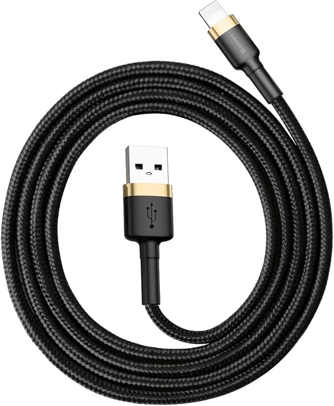 Baseus USB to Lightning Charging Cable iPhone 14 Pro Max Cafule Nylon Braided High-Density Quick Charge Compatible for iPhone 13 12 11 Pro Max Mini XS X 8 7 6 5 SE iPad (1 Meter, 2.4 A, Gold+Black)