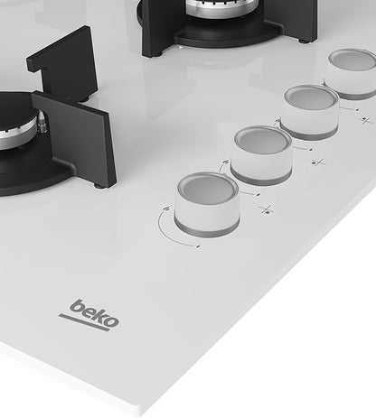 Beko Integrated Gas Cooker - 60 cm - 4 Burners - Automatic Ignition - Glass - Full Safety (White)