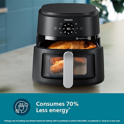 PHILIPS Air Fryer NA231/00 with touch panel, uses up to 90% less fat, 1700W, 6.2 Liter, with Rapid Air Technology (Black),Cooking window, Extra Large - T
