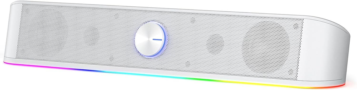 Redragon GS560 RGB Desktop Soundbar, 2.0 Channel Computer Speaker with Dynamic Lighting Bar Audio-Light Sync/Display, Touch-Control Backlit with Volume Knob, USB Powered w/ 3.5mm Cable, White - T