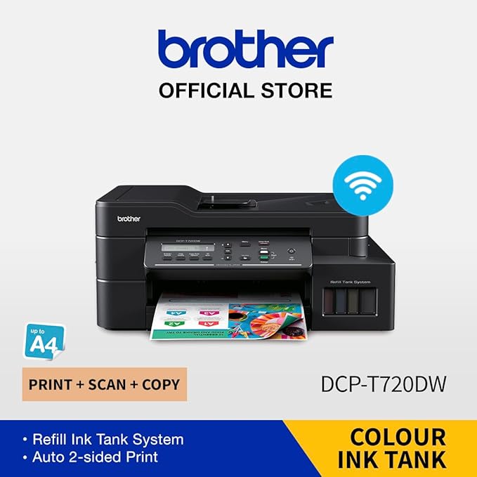 Brother Wireless All In One Ink Tank Printer, DCP T720DW, Automatic 2 Sided Features, Mobile & Cloud Print And Scan, High Yield Ink Bottles