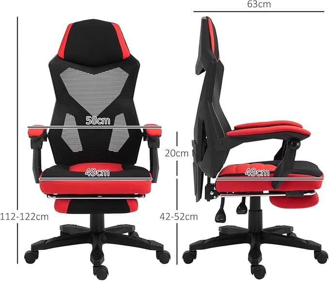 Vinsetto Gaming Chair with Adjustable Backrest and Height Adjustable Swivel Castors Footrest Fabric 58 L x 63 W x 112-122 H cm Red Black