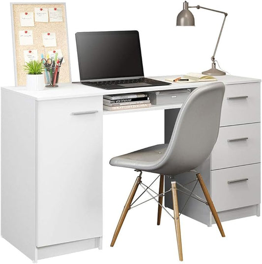 Madesa Home Office Computer Writing Desk with 3 Drawers, 1 Door and 1 Storage Shelf, Plenty of Space, Wood, 45 D x 136 W x 77 H cm - White