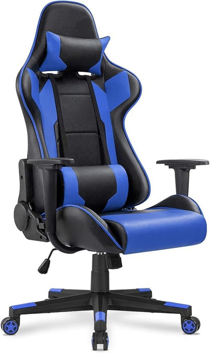 Mahmayi C599 PU Leather Adjustable Gaming Chair Ergonomic Design High Back Lumber Support Adjustable Neck Pillow Steel Frame Strong Nylon Base for Home & Office - Blue/Black