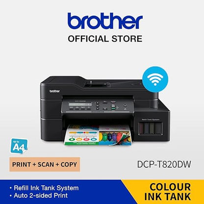 Brother Wireless All In One Ink Tank Printer, DCP T820DW, Automatic 2 Sided Features, Mobile & Cloud Print And Scan, Network Connectivity, High Yield Ink Bottles