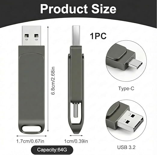 64GB Dual USB 3.2 Gen 1 USB and Type-C Jump Drive Compatible with PC, Smartphones, iPhone 15/16/17, MacBook and iPad USB Flash Drives Capable of Storing 16,000 Songs/21,600 Photos/960 Minutes Video