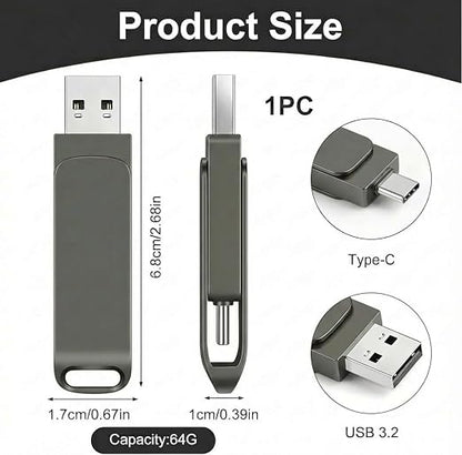 64GB Dual USB 3.2 Gen 1 USB and Type-C Jump Drive Compatible with PC, Smartphones, iPhone 15/16/17, MacBook and iPad USB Flash Drives Capable of Storing 16,000 Songs/21,600 Photos/960 Minutes Video