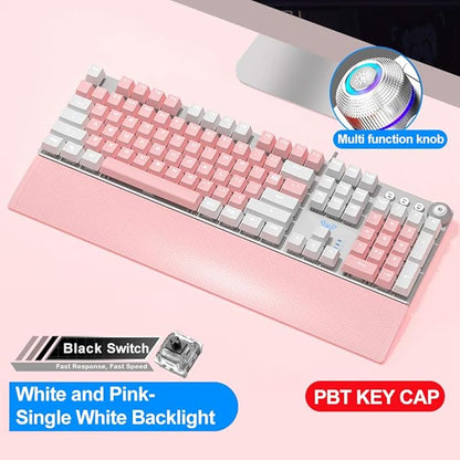 AULA F2088 Pink Mechanical Gaming Keyboard, with Wrist Rest, Media Knob, PBT Keycaps, White LED Backlit, Quick-Response 104 Keys Anti-ghosting USB Wired PC Desktop Computer Keyboards (Black Switch)