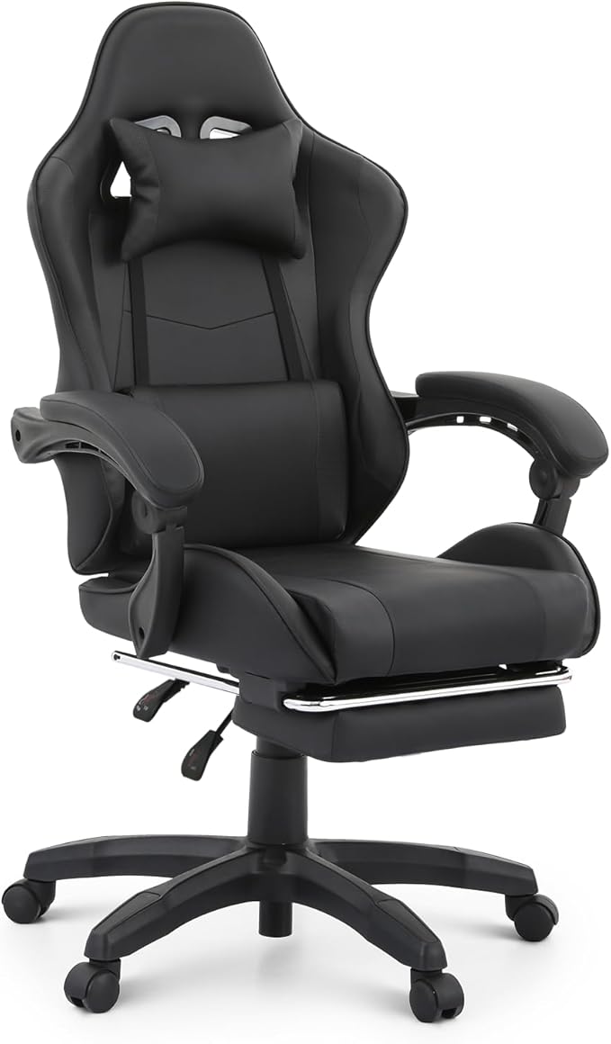 MoNiBloom Computer Gaming Chair with Footrest and Lumbar Support, Adjustable Hight Ergonomic Racing Chair for Adult Teen Office or Gaming, Carbon Fiber Leather High Back Video Game Chair, Black