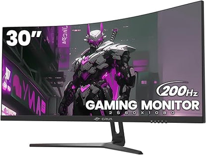 CRUA 30" Curved Gaming Monitor, 144Hz(HDMI)/200Hz(DP) Ultrawide Computer Monitor, WFHD(2560 * 1080P) VA Screen,21:9,1500R,99% sRGB, PC Monitors Support FreeSync, Support Wall Mount- Black