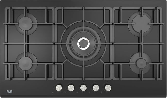 Beko Built-in Gas Hob - Black Glass - 90cm - 5 Burners - Cast Iron Holders - HISW 95226 SEL