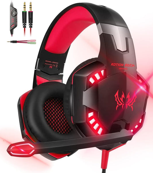 Gaming Headset, PS4, Headphones, PS5, Headset, Gaming Headphones, Wired with Microphone, LED, Headphones, Deep Bass, 0.1 inch (3.5 mm) (Red)