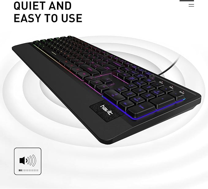 Havit KB488L Rainbow Full Membrane Gaming Office Keyboard Ergonomic Design with Wrist Rest for PC Desktop, 105 Keys - AR/ENG Layout