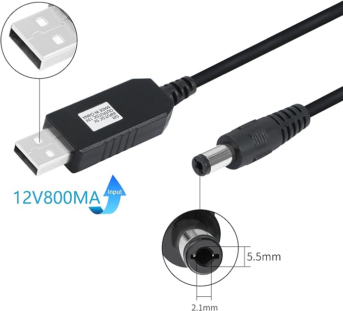 USB DC 5V to 12V Step Up Power Cable Power Supply USB Cable with DC Jack 5.5 x 2.1mm for Fan Led Light Router Speakers(1M)