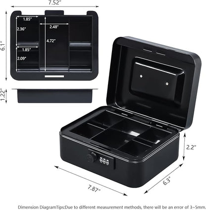 KYODOLED Medium Metal Cash Box with Combination Lock Safe and Money Tray for Security 7.87"x 6.30"x 3.54" Black