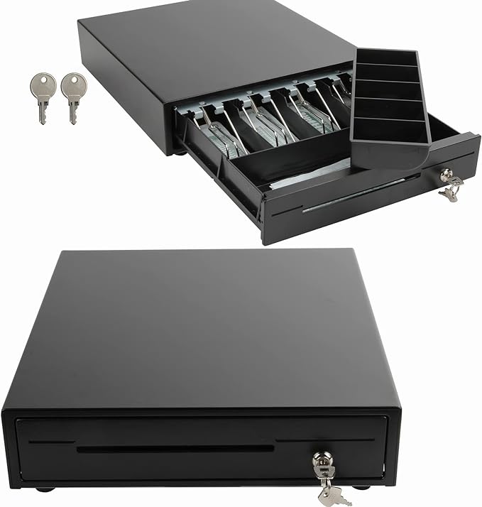 Sgorlds 14" Cash Register Drawer Black Cash Drawer for POS Machine with 4 Bill 5 Coin Fully Removable Cash Tray Coin Compartment,12-24V,RJ11/RJ12 Compatible,Key Lock,Manual Push Open,Single Media Slot - T