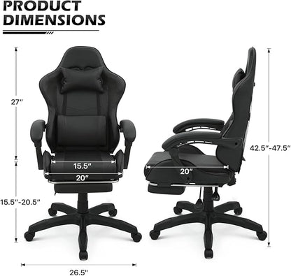 MoNiBloom Gaming Chair with Footrest High Back Video Game Chair with Headrest & Lumbar Support Height Adjustable Leather Swivel Computer Chair for Adult Teen Office or Gaming, Black