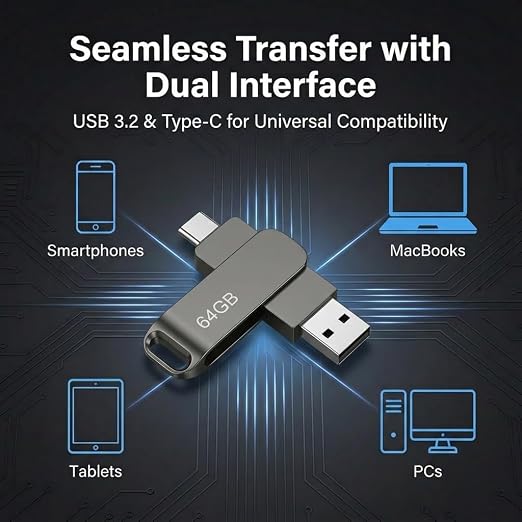 64GB Dual USB 3.2 Gen 1 USB and Type-C Jump Drive Compatible with PC, Smartphones, iPhone 15/16/17, MacBook and iPad USB Flash Drives Capable of Storing 16,000 Songs/21,600 Photos/960 Minutes Video