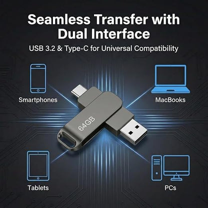 64GB Dual USB 3.2 Gen 1 USB and Type-C Jump Drive Compatible with PC, Smartphones, iPhone 15/16/17, MacBook and iPad USB Flash Drives Capable of Storing 16,000 Songs/21,600 Photos/960 Minutes Video