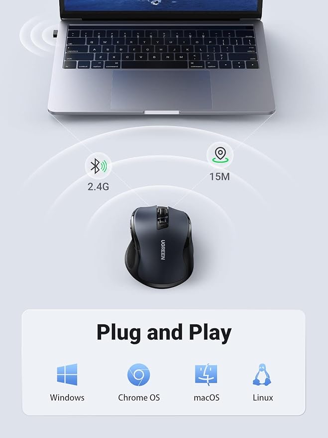 UGREEN Silent Wireless Mouse, Ergonomic Mouse 2.4GHz 4000 dpi with USB Receiver, Computer Mouse 5 Adjustable DPI Levels 5 Bontones for PC, Laptop, Macbook, Windows 11 10, macOS, Linux