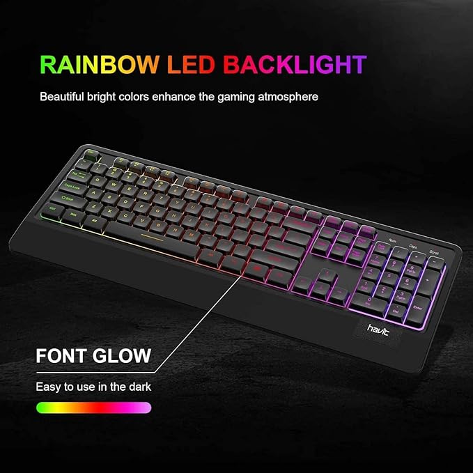 Havit KB488L Rainbow Full Membrane Gaming Office Keyboard Ergonomic Design with Wrist Rest for PC Desktop, 105 Keys - AR/ENG Layout