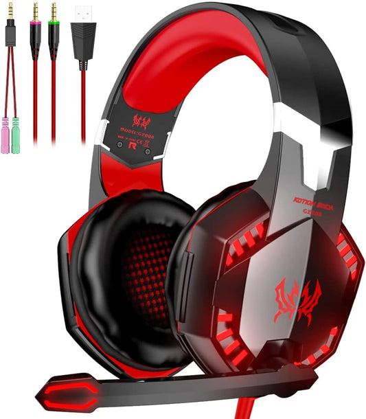 G2000 Gaming Headset, Surround Stereo Gaming Headphones with Noise Cancelling Mic, LED Light & Soft Memory Earmuffs, Works with Xbox One, PS4, Nintendo Switch, PC Mac Computer Games - Red, Wired