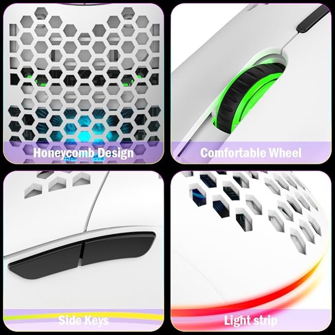 USB Gaming Mouse, Honeycomb Hollow Design Ergonomic Wired Mouse with Backlight, up to 6400 DPI, RGB Gaming Mouse for Mac, Laptop, Computer (White)