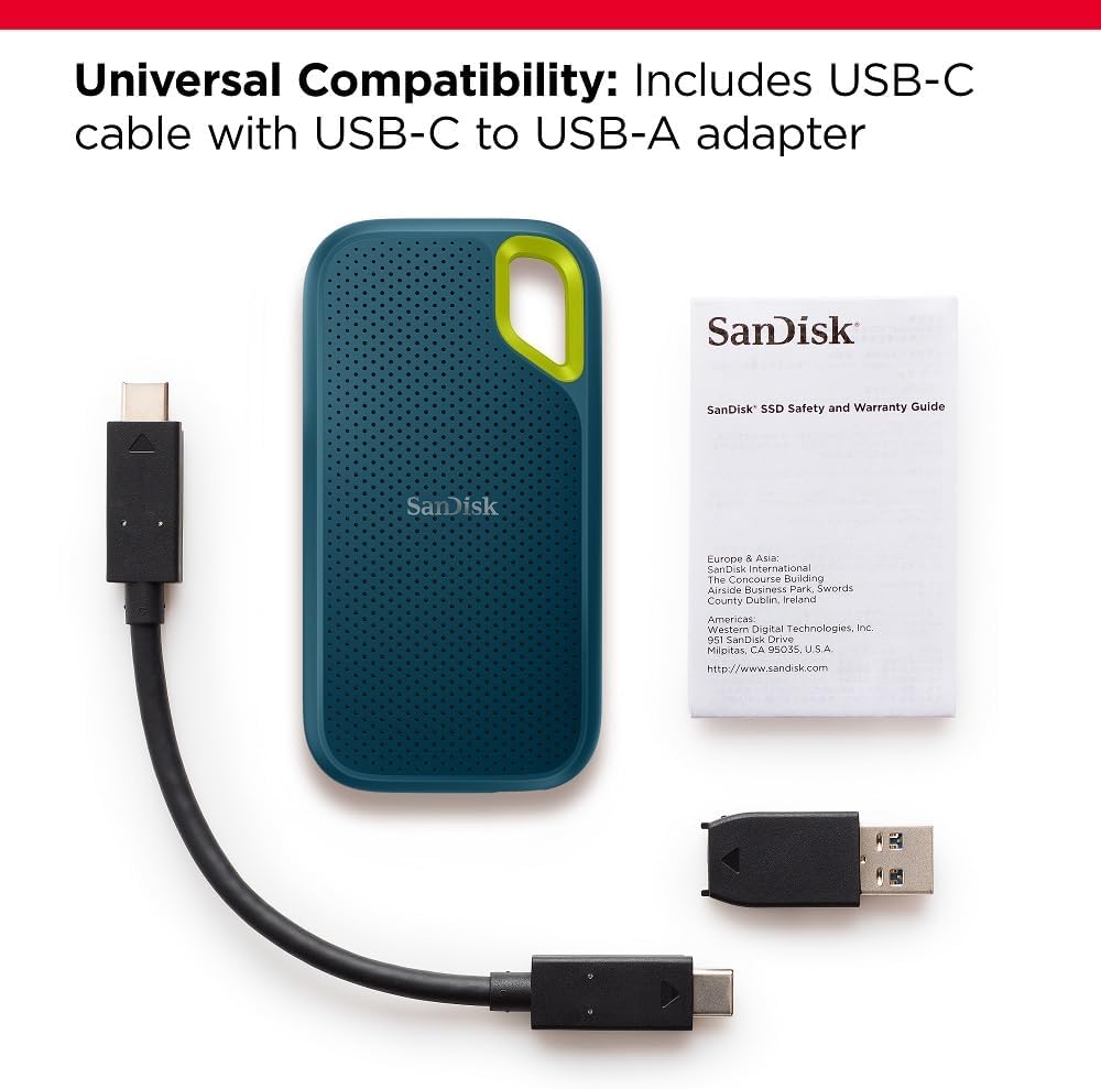 SanDisk Extreme Portable SSD 1050MB/s R, 1000MB/s W, PC, MAC& Smartphone Compatiable, 1TB, 5 Y Warranty, Monterey color, IP 65 resistance and 3-meter drop protection