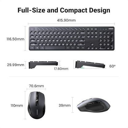 UGREEN Wireless Keyboard and Mouse Combo,2.4GHz Ergonomic Keyboard Mouse, Compact Silent Cordless Full Size Computer Keyboard, Mouse 5 DPI Levels up to 4000, for Computer, Laptop (Arabic)