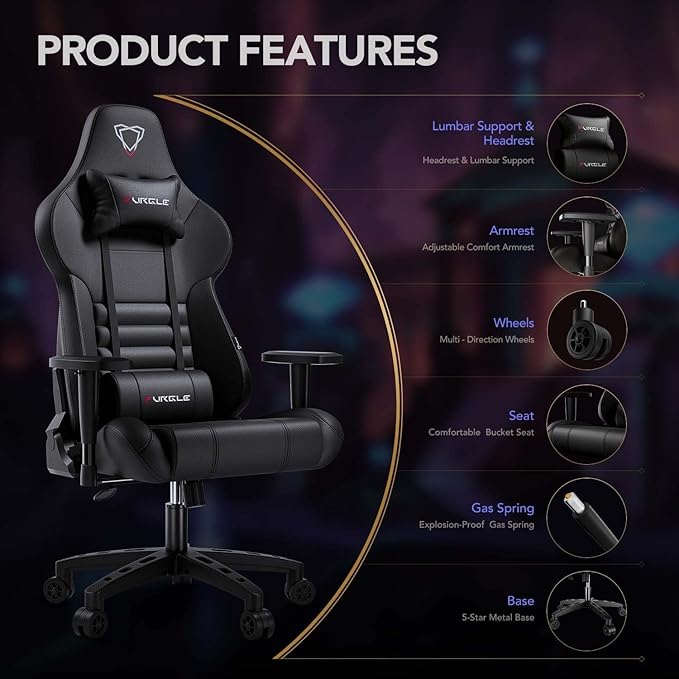 Furgle Gaming Chair - Computer Chair - Racing Style High-Back Office Chair - PU Leather Ergonomic Video Game Chairs for Adults - Adjustable Armrests - Headrest and Lumbar Support - Rocking Mode -Black