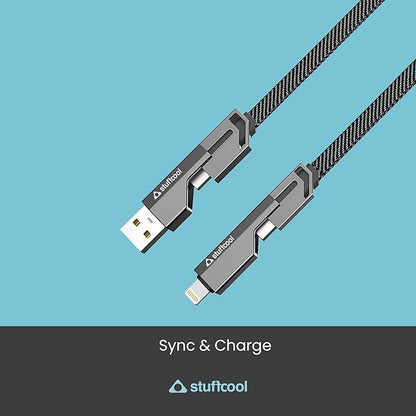 Stuffcool Quad Pro 4 in 1 Metal Flat Braided Indestructible Cable 1.5m 60W with lightning to type C, type C to C, Lighting to type A compatible for iPhones, iPads, Macbooks, Type C Laptops (Grey)