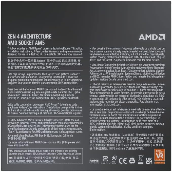 AMD Ryzen 5 7600 Desktop Processor (6-core/12-thread, 38MB cache, up to 5.1 GHz max boost) with AMD Wraith Stealth Cooler