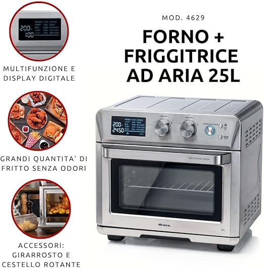 Ariete Airy Fryer 2-In-1, 25L Toaster Oven + 7L Air Fryer, Oven Toaster Grill With Large Capacity, Rotisserie Function, Silver (by De'longhi Group) - T