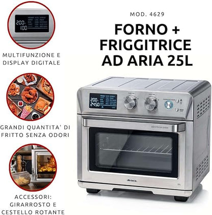 Ariete Airy Fryer 2-In-1, 25L Toaster Oven + 7L Air Fryer, Oven Toaster Grill With Large Capacity, Rotisserie Function, Silver (by De'longhi Group) - T
