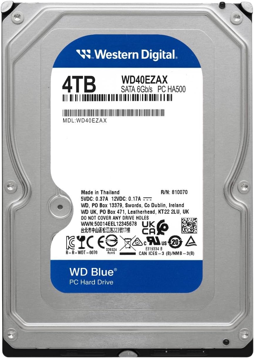 Western Digital 4TB WD Blue PC Internal Hard Drive HDD - 5400 RPM, SATA 6 Gb/s, 256 MB Cache, 3.5" - WD40EZAX