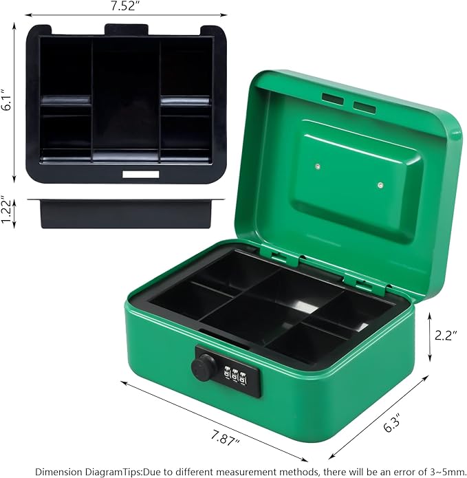 KYODOLED Cash Box with Combination Lock,Safe Metal Box for Money,Storage Lock Box with Money Tray,7.87"x 6.30"x 3.54" Green Medium