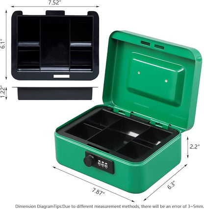 KYODOLED Cash Box with Combination Lock,Safe Metal Box for Money,Storage Lock Box with Money Tray,7.87"x 6.30"x 3.54" Green Medium