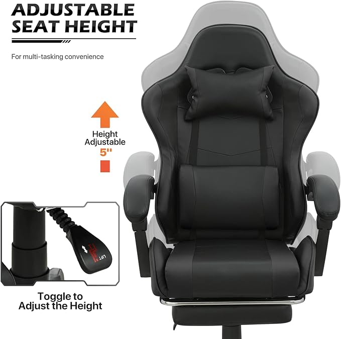 MoNiBloom Gaming Chair with Footrest High Back Video Game Chair with Headrest & Lumbar Support Height Adjustable Leather Swivel Computer Chair for Adult Teen Office or Gaming, Black